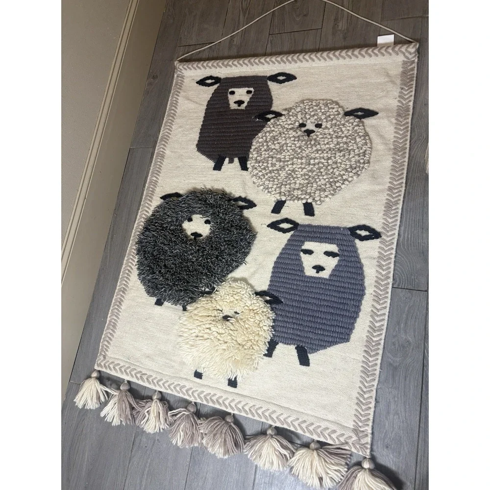 POTTERY BARN KIDS NURSERY WALL HANGING TEXTURED SHEEP WHITE BLACK WOOL/COTTON